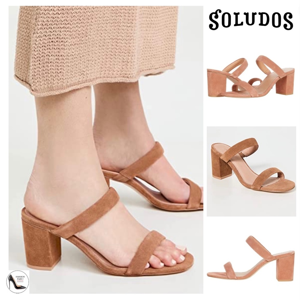 Soludos Ines Walnut Tan Suede Leather Heels Slip On Block Heel Strap Sandals 9.5 - Picture 1 of 16